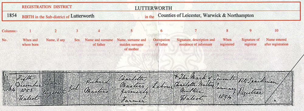 Ann Elizabeth Marsters birth certificate